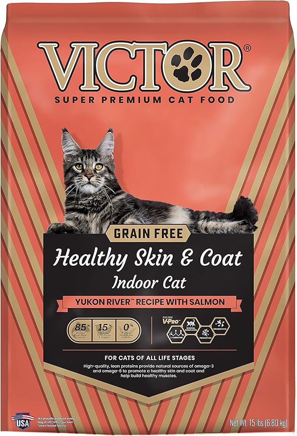 Victor Super Premium Cat Food – Grain Free Healthy Skin & Coat - Dry Cat Food for Indoor Cats – Yukon River Recipe – All Breeds and All Life Stages from Kitten to Adult, 15lb