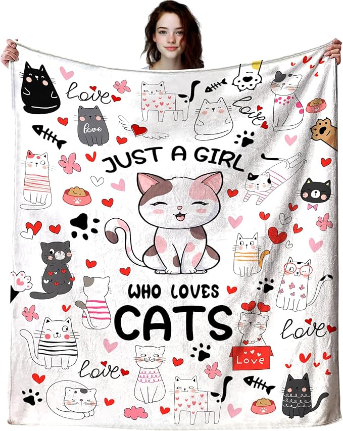 Cat Mom Blanket Just A Girl Who Loves Cat Throw Blanket Gifts for Cat Lovers Soft Flannel Animals Pet Pattern Gift for Kids Adults 80"X60"