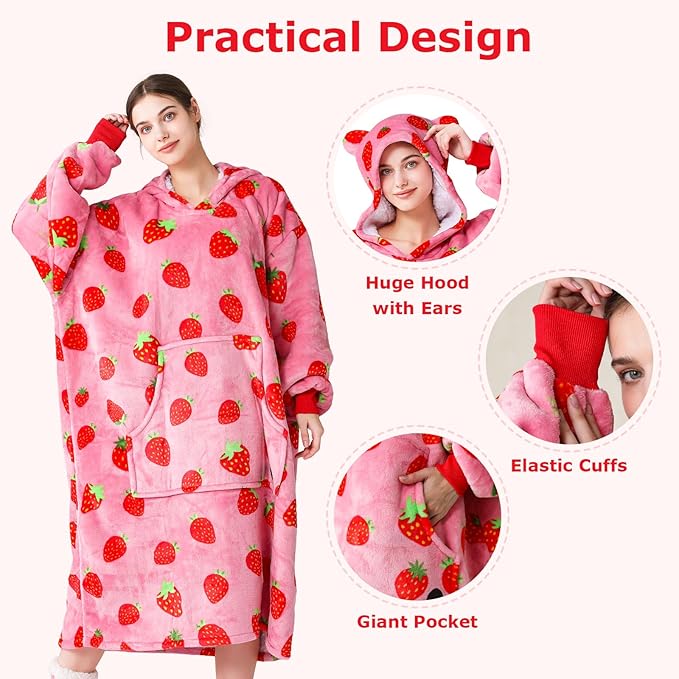THREE POODLE Wearable Blanket Hoodie, Oversized Sherpa Sweatshirt Blanket for Adults Women Men, Warm Cozy Strawberry Hooded Blanket, Gifts for Mom Girlfriend