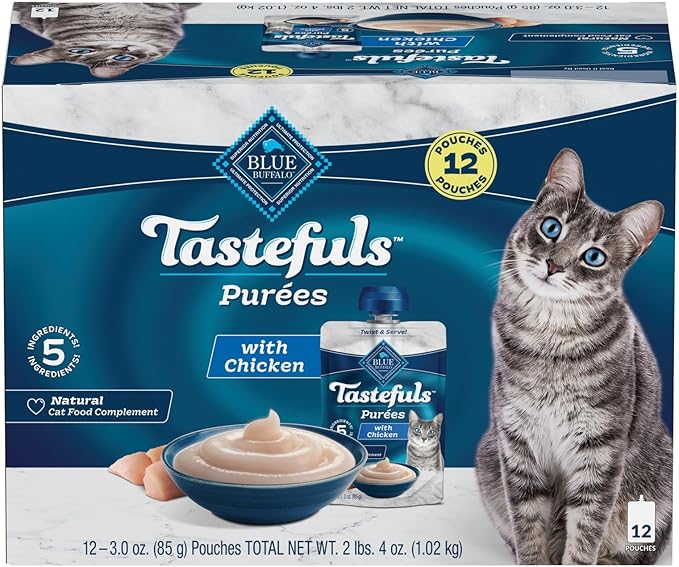 Blue Buffalo Tastefuls Purées with Chicken, Natural Cat Food Complement, Resealable Twist Cap Pouches, 3-oz (12 Count)