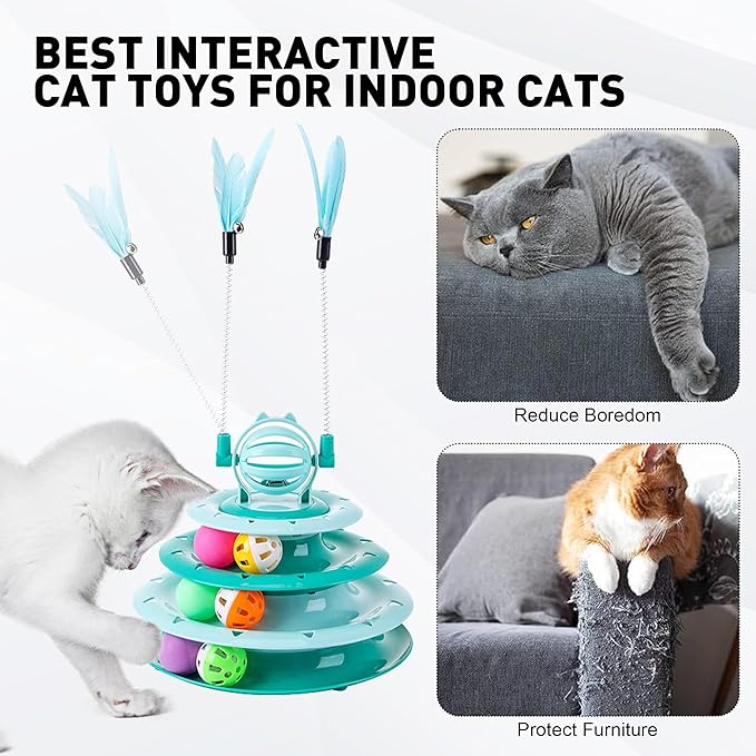 2 in 1 Cat Interactive Toy Roller 3-Level Turntable Cat Toy Cat Slow Feeder Food Dispenser Cat Kitten Wand (Blue-C)