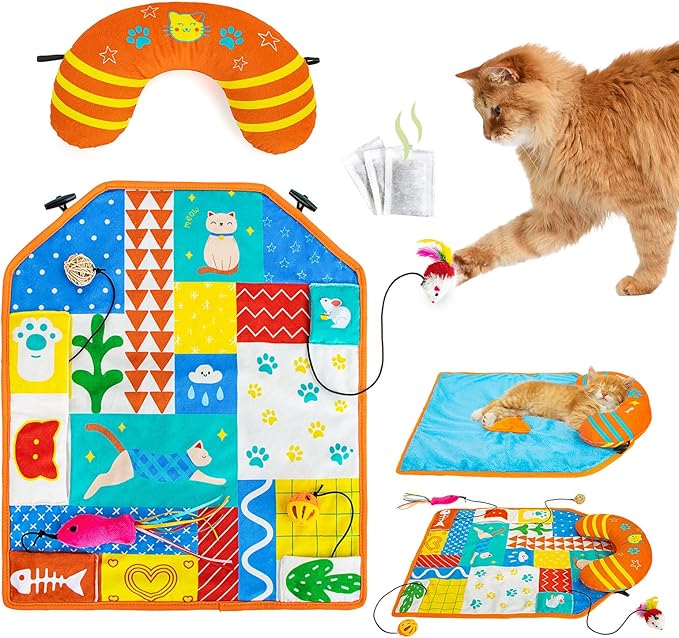 2-in-1 Cat Mat with Cat Pillow for Small Medium Large Cats,Cute Cat Catnip Toys,Soft Plush Crinkle Mat for Kitten Sleeping Snuffing Playing,Machine Washable Cat Play Mat Pet Cushion Pad Mat Cat Gifts