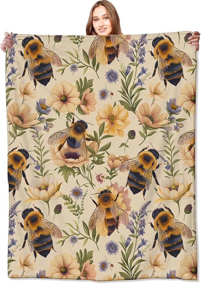 Bumblebee and Floral Blanket Bee and Wildflower Yellow Throw Blankets Gifts for Girls Boys Adults Lightweight Soft Fleece Cozy for Sofa Couch Bed Room Travel Birthday Decor 40x50in