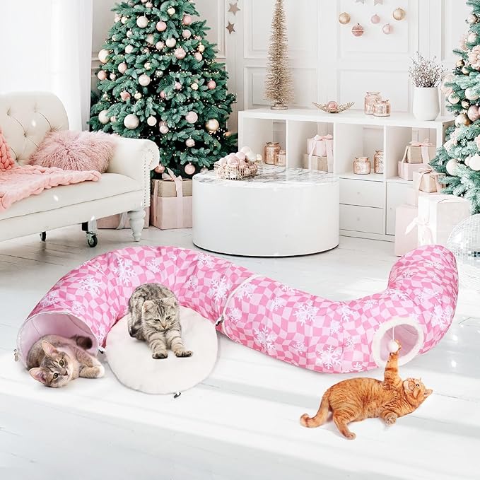 Pink Cat Tunnel Bed Peekaboo Cat Cave Donut Under Christmas Tree Pink Checker with Snowflakes Festive Decor Perfect for Small Medium Large Cats, Kittens, Rabbit, Ferret