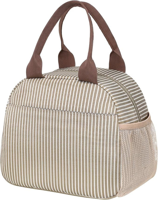 Bagseri Insulated Lunch Bag Women - Reusable Leakproof Thermal Cooler Sack Food Handbags Case High Capacity for Work and Picnic (Khaki White Stripe)
