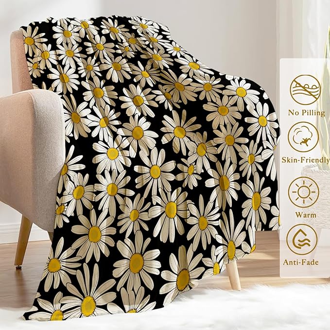 Daisy Blanket Plush Flannel Throw Blanket - Ultra Soft & Warm, Comfy & Lightweight - Perfect for Couch, Travel, Bedroom, Bed, Living Room - Cozy, Fuzzy Gift 80in×60in