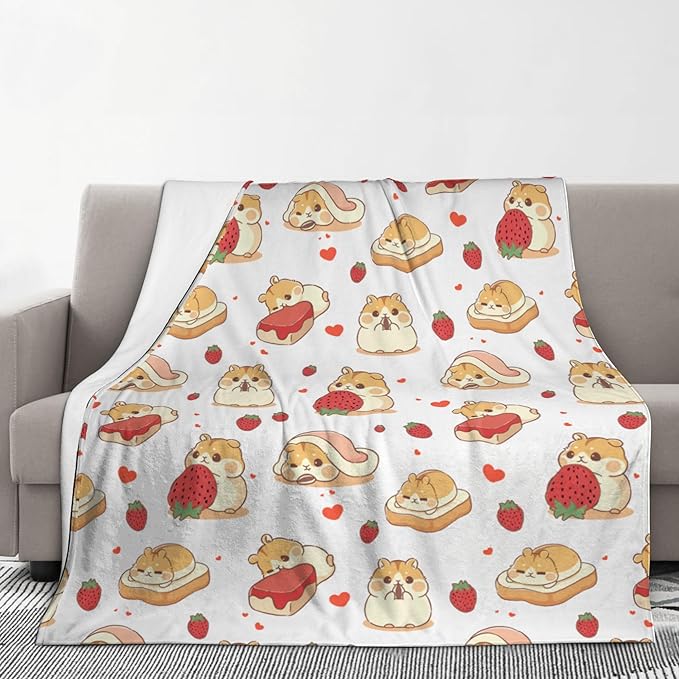 Hamster Strawberry Soft Throw Blanket Flannel Fleece Blankets Warm Cozy Lightweight Fuzzy Blanket for Bed Sofa Couch Home Decor 80"X60"