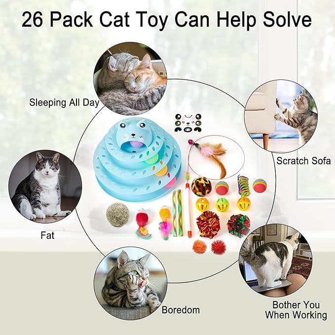 Suhaco 26 Pack Cat Toys Interactive for Indoor Cats Kitten Toy Fun Roller 4 Level Cat Teaser Ball Toys with 4 Colorful Balls Cat Feather Wand Kitty Toy Set for Boredom (Blue)