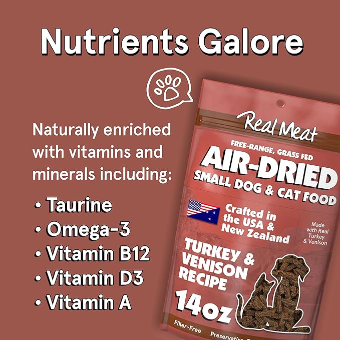 Real Meat Air Dried Cat Food & Dog Food w/Real Turkey & Venison - 14oz of USA-Crafted Grain-Free Dry Dog & Cat Food Sourced from All-Natural Free-Range Venison & Turkey - High Protein Pet Food
