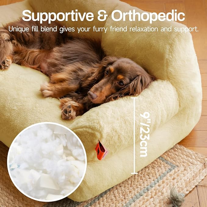 MEWOOFUN Pet Couch Bed, Washable Cat Beds for Medium Small Dogs & Cats up to 25 Lbs, Dog Beds with Non-Slip Bottom, Fluffy Cat Couch, 26×19×13 Inch (Yellow)