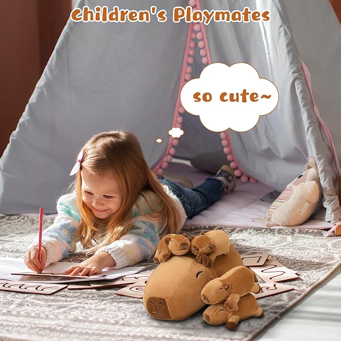 Capybara Plush Cute Capybara Stuffed Animal Pillow with 4 Baby Plushies in Her Tummy, Soft Cotton Stuffed Animals Toy Gifts for Kids