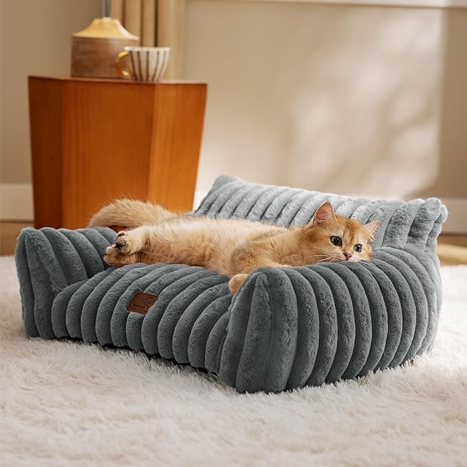 Bedsure Cute Cat Couch for Pets - Fluffy Cat Sofa with Premium Soft Corduroy Fleece, Fuzzy Cat Couch Bed with Removable Washable Cover, Supportive Cat Chair for Indoor Cats, 24inch, Warm Grey