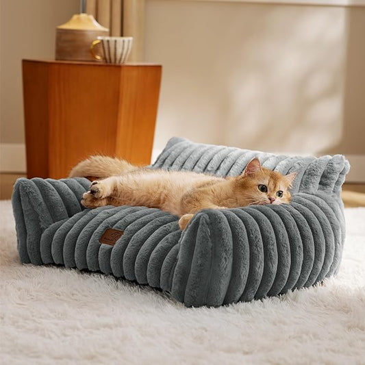 Bedsure Cute Cat Couch for Pets - Fluffy Cat Sofa with Premium Soft Corduroy Fleece, Fuzzy Cat Couch Bed with Removable Washable Cover, Supportive Cat Chair for Indoor Cats, 24inch, Warm Grey