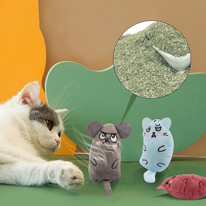 YAODHAOD Cat Catnip Toy, 3 Pcs Catnip Tooth Cleaning Toy, Interactive Cat Kicker Toy for Indoor Cats, Crinkle Sound Catnip Catnip Filled Toys (Cartoon Mice Cat Toy)