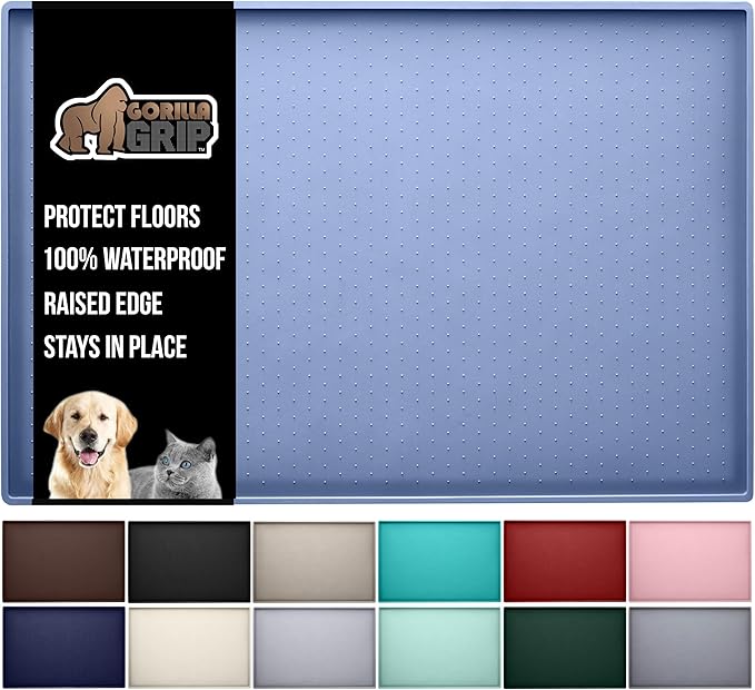 Gorilla Grip 100% Waterproof Raised Edge BPA Free Silicone Pet Feeding Mat, Dog Cat Food Mats Contain Spills Protects Floors, Placemats for Cats and Dogs Water Bowl, Pets Accessories 18.5x11.5 Blue