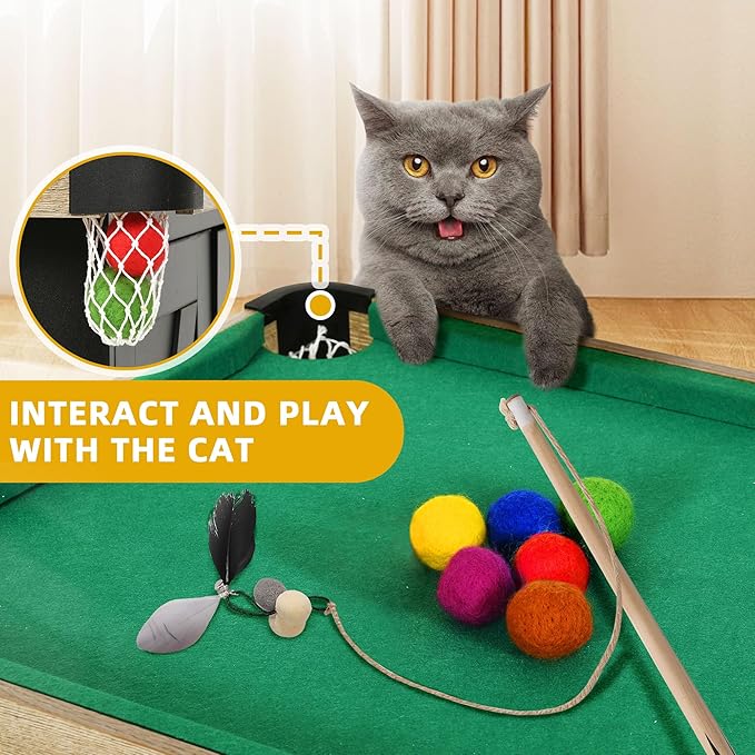 DWVO 4 in 1 Cat Toys Mini Pool Table for Cats, Litter Box Enclosure for Cat Pool Table Tower with Feather Wand Interactive Exercise Play Rest Beds & Litter Box Furniture, Black, Medium