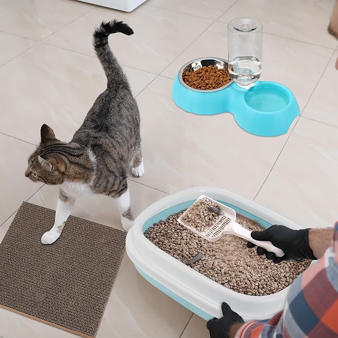 5 Pcs Small Cat Kitten Starter Kit Include Cat Litter Box with Shovel Cat Paw Litter Mat Scratch Pad Automatic Cat Bowls Turntable Cat Toys Balls Cat Essentials Kits for Cats Life(Blue)