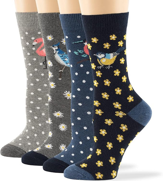 7BIGSTARS KINGDOM Womens Fun Cotton Crew Socks - 4 Pack L/M - Cactus Space Desert Coffee Fox Dog Hedgehog Puppy Flower Bird