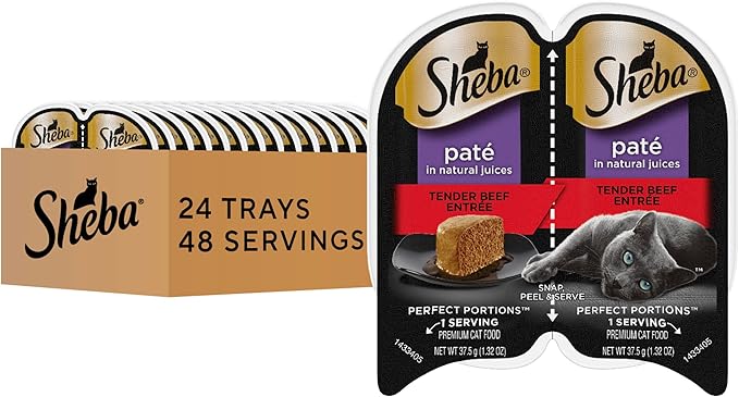 Sheba Perfect Portions Paté Adult Wet Cat Food Trays (24 Count, 48 Servings), Tender Beef Entrée, Easy Peel Twin-Pack Trays