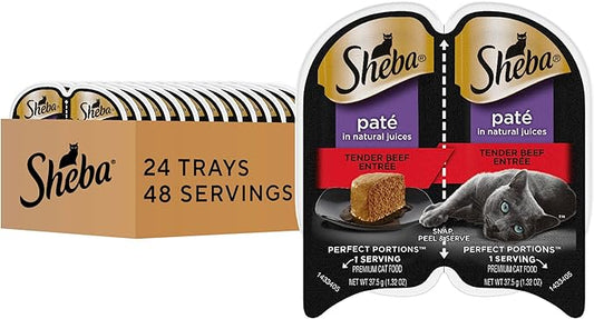 Sheba Perfect Portions Paté Adult Wet Cat Food Trays (24 Count, 48 Servings), Tender Beef Entrée, Easy Peel Twin-Pack Trays