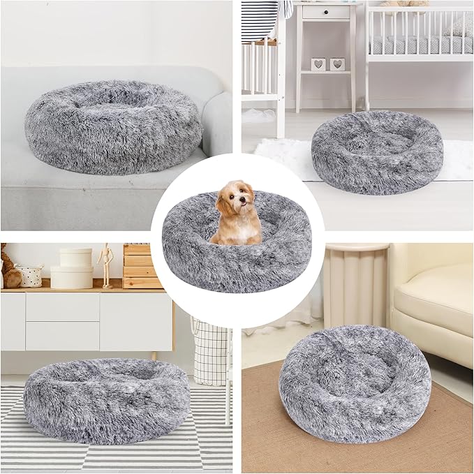 Calming Dog Bed, Dog Beds Fits up to 25 lbs Pets, Fluffy Donut Dog & Cat Bed Washable, Round Anti Anxiety Dog Bed, Small Dog Bed with Non-Slip Bottom (Grey White, 24" x 24")