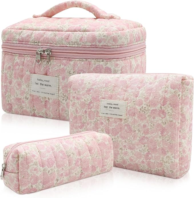 3pc Makeup Bag Set, Quilted Makeup Bag Set, Large Floral Cosmetic Bag for Women, Cute Cotton Makeup Bags, Flower Travel Toiletry Organizer Bag (Pink Crushed flower)