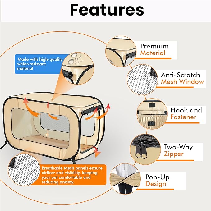 Beatrice Home Fashions Portable, Collapsible, Pop Up Kennel Travel Cat and Dog Crate, 24" L x 16.6" W x 16" H, Beige