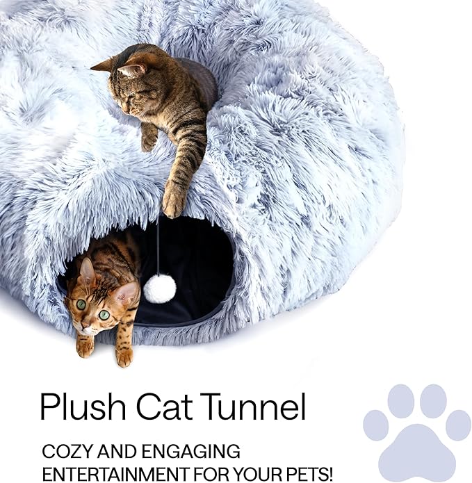 Cat Tunnel Bed – Cat Donut Tunnel Combining Cat Bed, Peekaboo Cat Cave, & Cat Tube – Cat Cave Bed with Cat Toys for Indoor Cats Included – Cat Tunnels for Indoor Cats Large, 1 Lazer Paw, 1 Ball