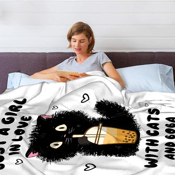Just A Girl Love Cat Throw Blanket Super Soft Cozy Black Cat Blanket for Girl Kid Adult Cat Lovers Gift Cute Pet Cat Fleece Blanket for Couch Bed Sofa Chair Dorm Home Decor 40"x 30"Extra Small for Pet