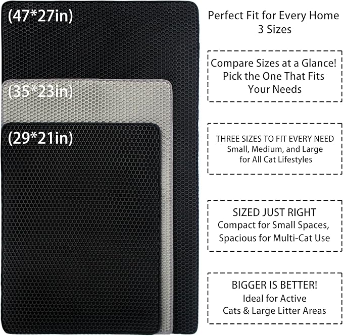 Black Cat Litter Mat, Anti-Tracking EVA, Waterproof & Non-Slip Honeycomb Design, Reusable & Easy to Clean（30x22in）