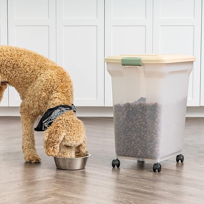 IRIS USA WeatherPro Airtight Dog Food Storage Container, Up to 58 lbs, Attachable Wheels, For Dog Cat Bird and Other Pet Food Storage Bin, Keep Fresh, Translucent Body, Clear/Almond