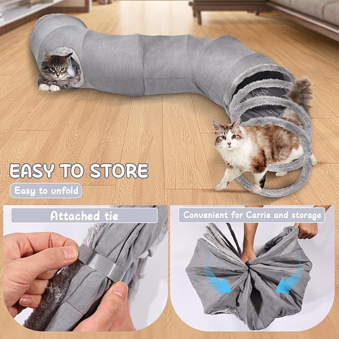 S-2-Way Cat Tunnel for Indoor Cats - 59x10Inches,Collapsible Cat Play Tunnel, Interactive Toy with 2 Hidden-Exits&Hanging Balls, Cat Spiral Tunnel for Cats, Puppy, Kitty, Kitten, Rabbit (Gray)