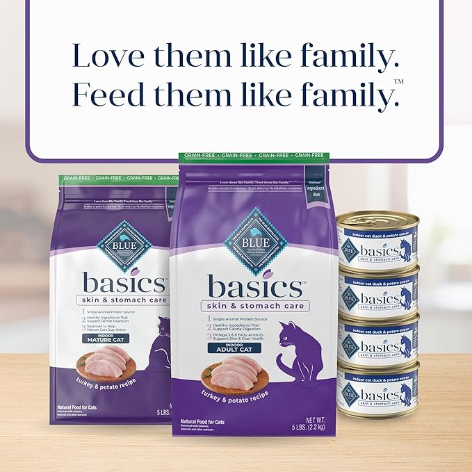 Blue Buffalo Basics Grain-Free Dry Cat Food, Skin & Stomach Care, Limited Ingredient Diet for Indoor Cats, Turkey & Potato Recipe, 5-lb. Bag