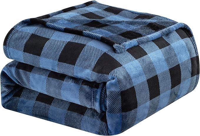 Elegant Comfort Velvet Touch Ultra Plush Christmas Holiday Buffalo Plaid Fleece Throw/Blanket-50 x 60inch, Buffalo Blue