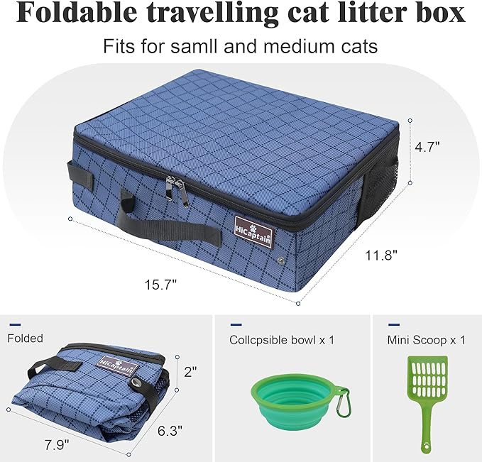 HiCaptain Portable Litter Box for Cats, Collapsible Travel Litter Box with Lid, Handle and Storage Pocket, Foldable Litter Box for Small Medium Cats Leak Proof, Waterproof, Odor Free-Blue