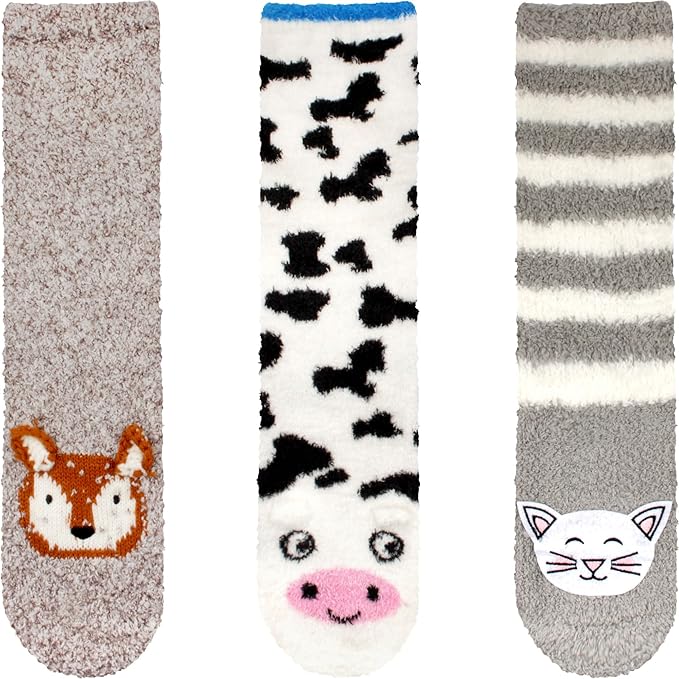 BambooMN Super Soft Warm Cute Animal Face Non-Slip Fuzzy Crew Winter Home Socks, Value Pack