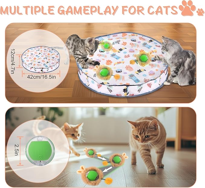 Interactive Cat Toys Ball,Rechargeable Electric Cat Toys Fast Rolling in Pouch,Automatic Hide and Seek Kitten Toy with LED Light,Ball Hide and Seek Game for Indoor Exercise Kicker