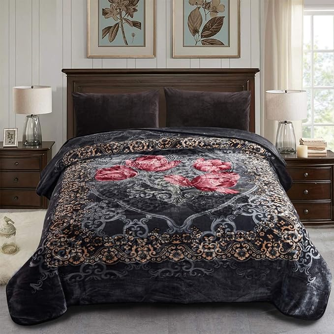 JML Fleece Blanket King Size, Heavy Korean Mink, 85 X 95 Inches, 9 Lbs, Soft and Warm, Thick Raschel Printed Mink for Autumn, Winter, Bed, Home, Gifts, Grey Flower