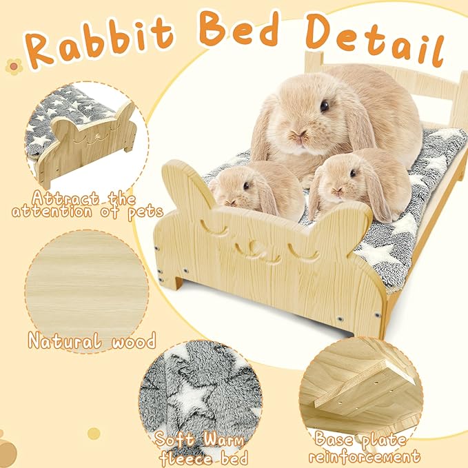 Larged Wooden Rabbit Bed, with Reinforced Bottom Support, Wooden Pet Bed with Removable Cushion, Designed for Small Pets, Suitable for Kittens,Bunny, Guinea Pigs, Puppies, Ferrets Sleeping Pet Bed