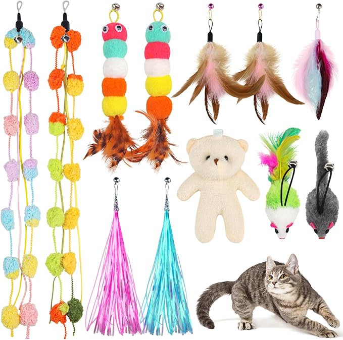 Cat Feather Toy Refills Cat Feathers Wand Replacement, 12 PCS Cat Toy Feather Refills, Cat Wand Attachments Feathers for Cat Toys