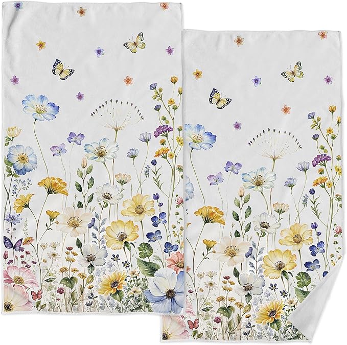kampdream Faxdong Floral Hand Towel Set of 2, Watercolor Wildflower Botanical Plant Leaves Design Soft Absorbent Towels for Home Hotel Gym Spa Bathroom, Multi5 16×27 inch