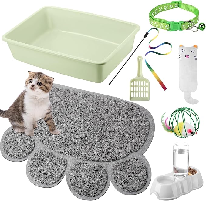7 Pcs Small Cat Kitten Starter Kit Cat Litter Box with Shovel Cat Paw Litter Mat Double Automatic Cat Bowls Cat Toy Teaser Stick Cat Collar Essentials Kits for 1-3 Lbs Beginner (Green,Simple)