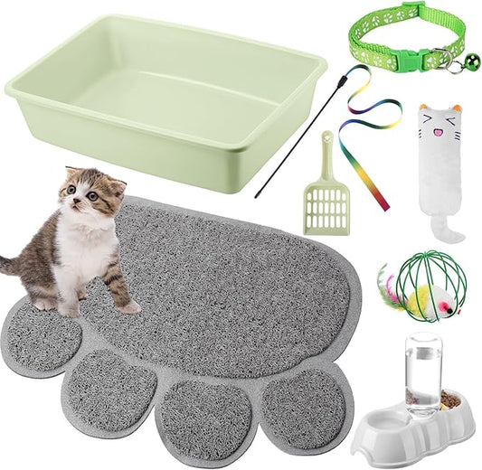 7 Pcs Small Cat Kitten Starter Kit Cat Litter Box with Shovel Cat Paw Litter Mat Double Automatic Cat Bowls Cat Toy Teaser Stick Cat Collar Essentials Kits for 1-3 Lbs Beginner (Green,Simple)