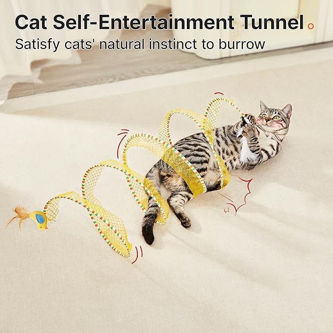 Potaroma Cat Tunnel Toy, Self Play Spiral Cat Play Kitten Tunnel Toy, Collapsible Tunnel Toy for Indoor Cats with Feather and Bell, 18 Inches Unfolded