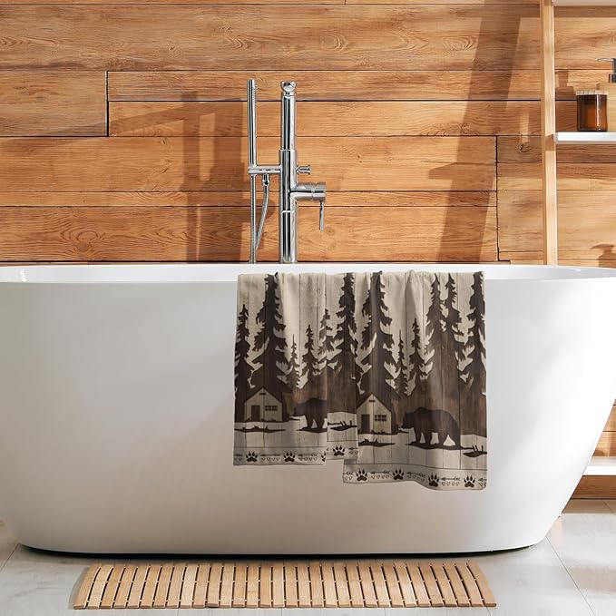 Brown Bear Hand Towels Forest Cabin Bath Fingertip Towels Set of 2 Soft Guest Face Towel Bathroom Decoration Thin Kitchen Tea Dish Towels