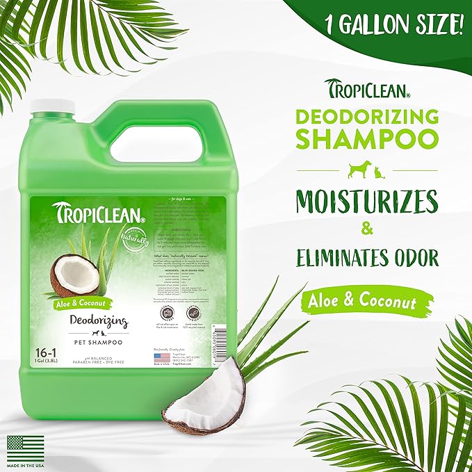 TropiClean Deodorizing Cat & Dog Shampoo for Smelly Dogs, Cats, Puppies, and Kittens, Powerful Odor Control, Coconut Scent, Made in the USA, 1 gallon