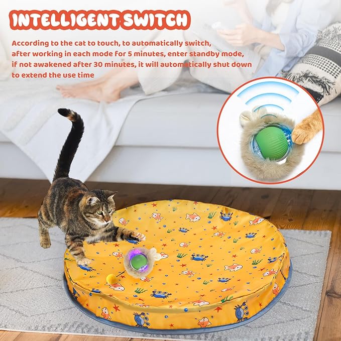 Interactive Cat Toy Ball,Self Rolling Cat Ball in Pouch Fixed with Wire Rim,Rechargable Automatic Motion Activated Moving Toy with 3 Working Modes,Hide and Seek Mouse Catching Game,28 Inch