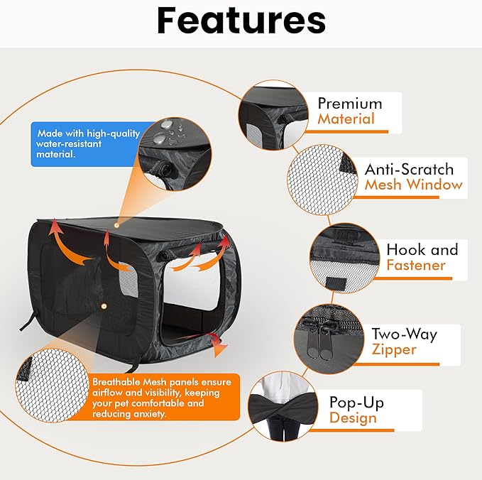 Beatrice Home Fashions Portable, Collapsible, Pop Up Kennel Travel Cat and Dog Crate, 32.5" L x 19.5" W x 19.5" H, Black