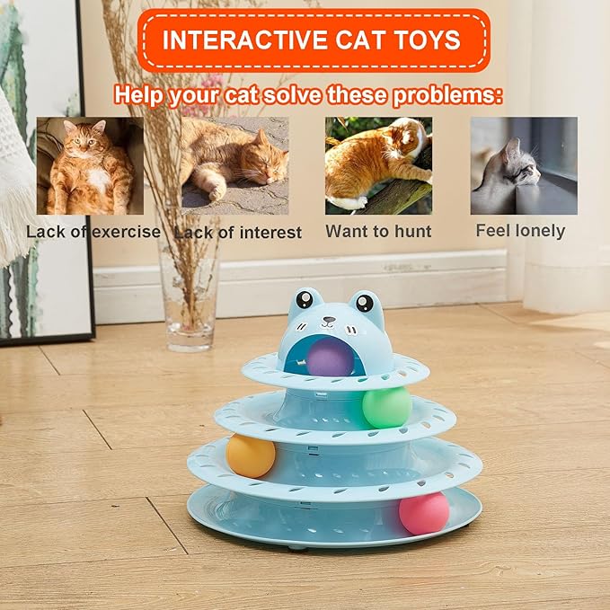 Cat Toys, 4-Level Turntable Ball Track Interactive Cat Toy for Indoor Cats, Self Play Fun Roller with Colorful Rotating Ball Puzzle Exercise Kitten Toys (Blue)