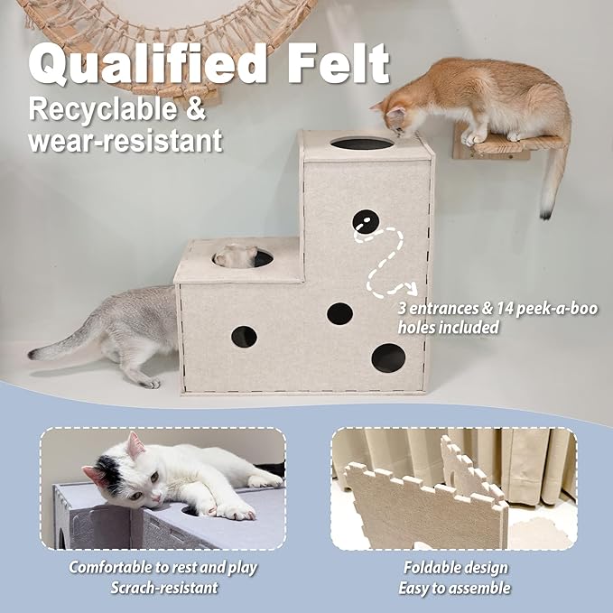 Meeyoview Cat Tunnel, Felt Cat Tunnels for Indoor Cats, Peekaboo Cat Hideaway Cave, L-Shape Cat Tunnel Bed, Interactive Cat Cube Toys for Small Medium Large Cats